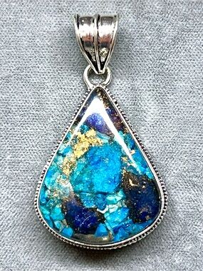 Blue Oyster Turquoise Gemstone Teardrop Pendant  Crafted in Antique Design 925